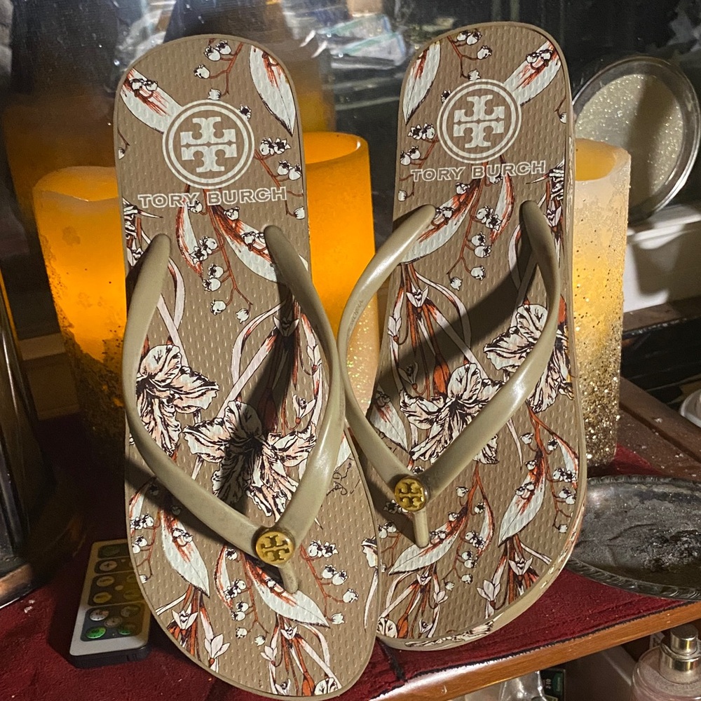 Tory Burch Tan and Brown Floral Sandals